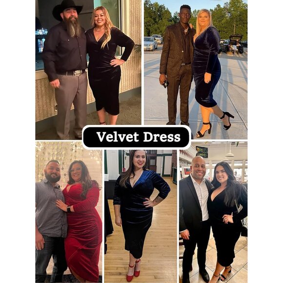 Plus Size Velvet Bodycon Dress Long Sleeve Deep V Ruched Party Wear - Picture 6 of 7
